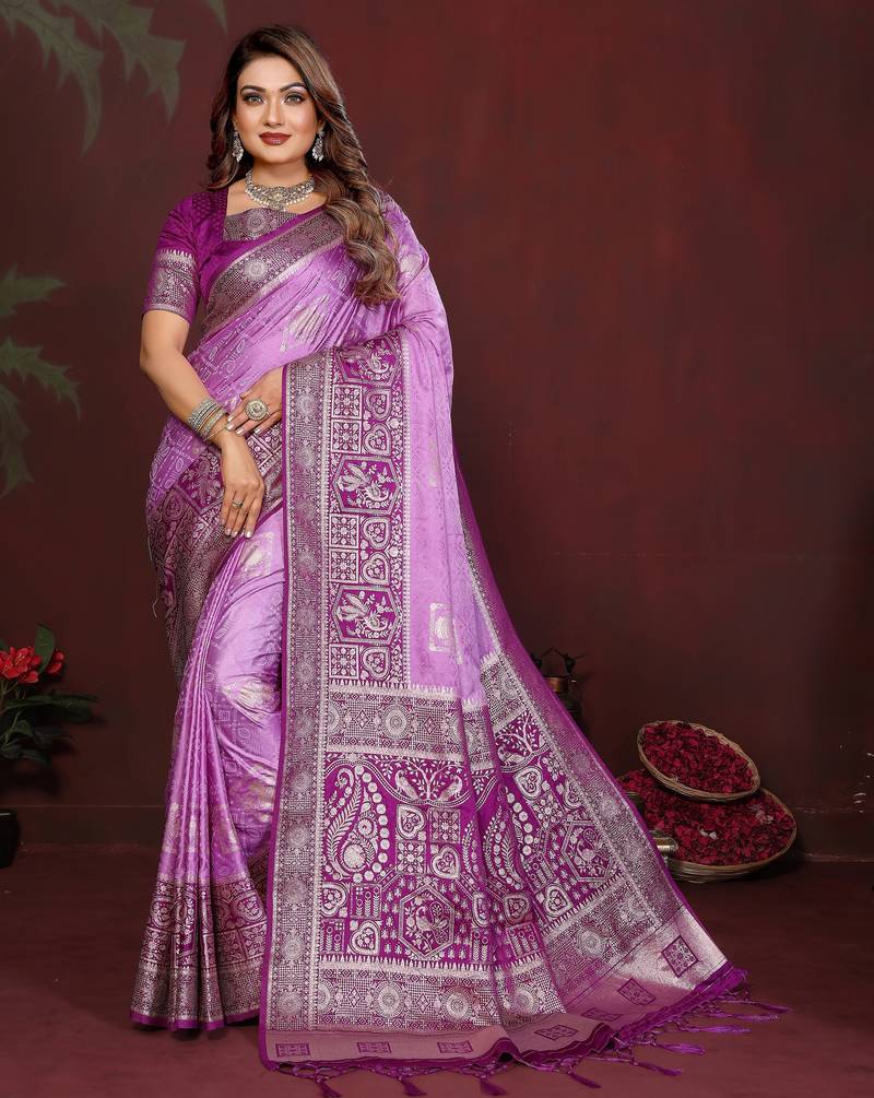 Lavender color satin silk fabric woven jari designer graceful partywear saree