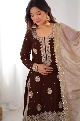 Brown women chinon silk embroidered top sharara set with pearl work & dupatta
