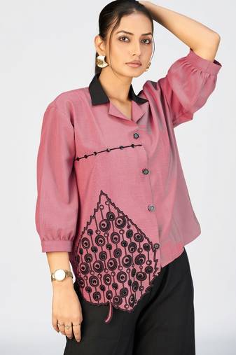 Women’s pink cotton leaf embroidered casual button-down shirt