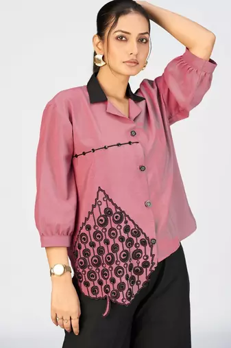 Women’s pink cotton leaf embroidered casual button-down shirt
