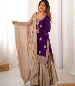 Purple women chinon silk embroidered top sharara set with pearl work & dupatta