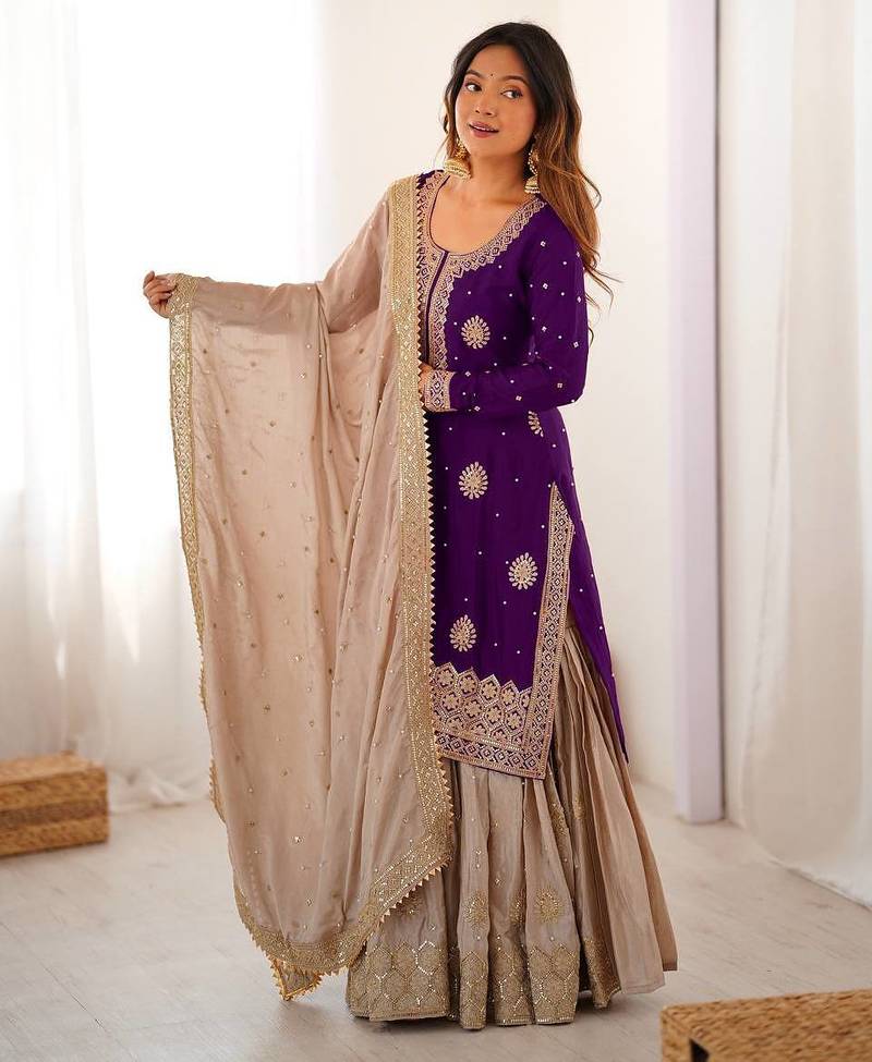 Purple women chinon silk embroidered top sharara set with pearl work & dupatta