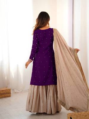 Purple women chinon silk embroidered top sharara set with pearl work & dupatta 2