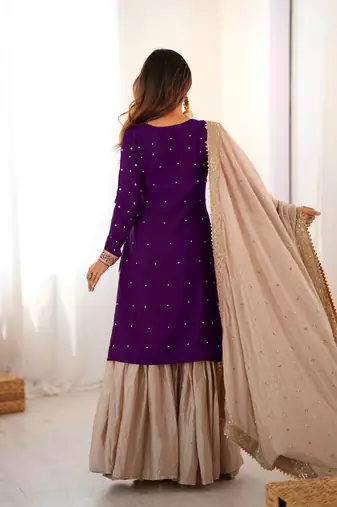 Purple women chinon silk embroidered top sharara set with pearl work & dupatta