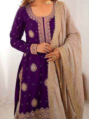Purple women chinon silk embroidered top sharara set with pearl work & dupatta 3
