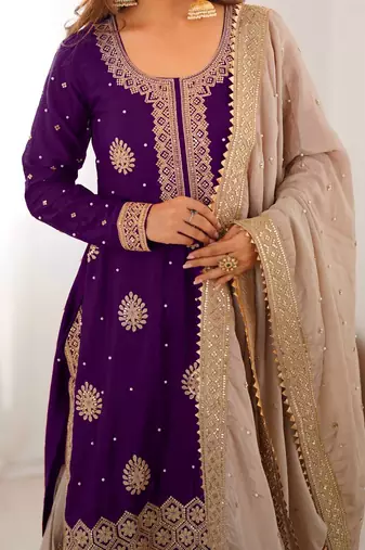 Purple women chinon silk embroidered top sharara set with pearl work & dupatta