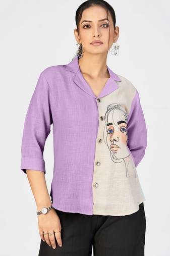 Women’s purple & beige face sketch embroidered shirt