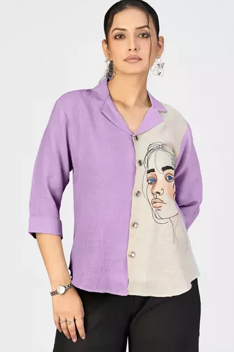Women’s purple & beige face sketch embroidered shirt