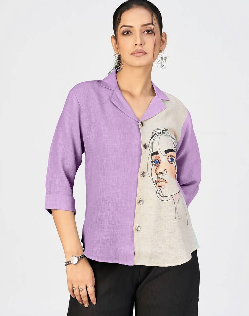 Women’s purple & beige face sketch embroidered shirt
