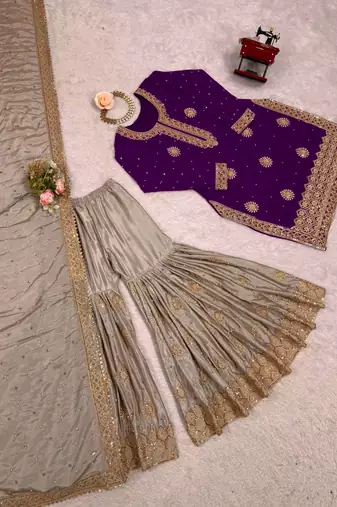 Purple women chinon silk embroidered top sharara set with pearl work & dupatta