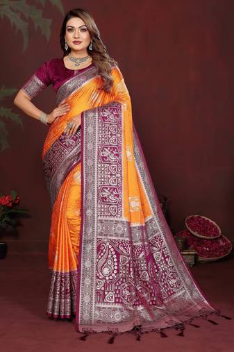 Orange color satin silk fabric woven jari designer graceful partywear saree