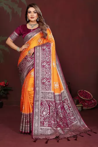 Orange color satin silk fabric woven jari designer graceful partywear saree