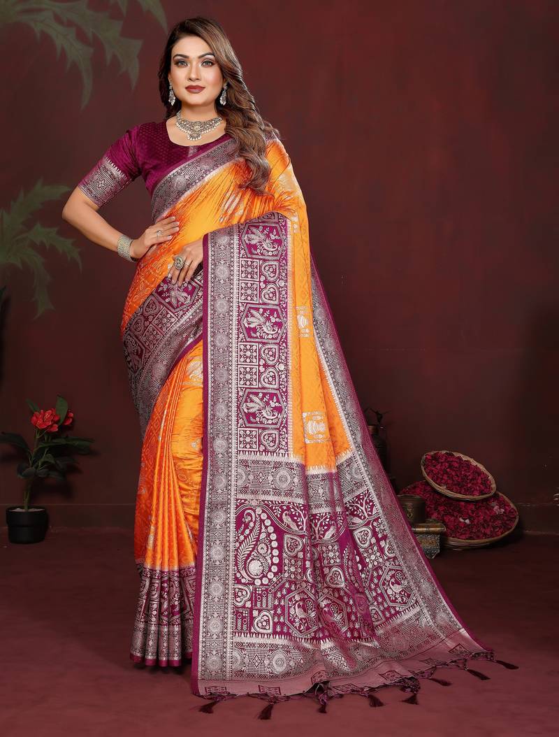 Orange color satin silk fabric woven jari designer graceful partywear saree
