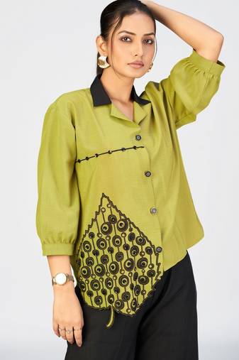 Women’s lime yellow cotton leaf embroidered casual button-down shirt