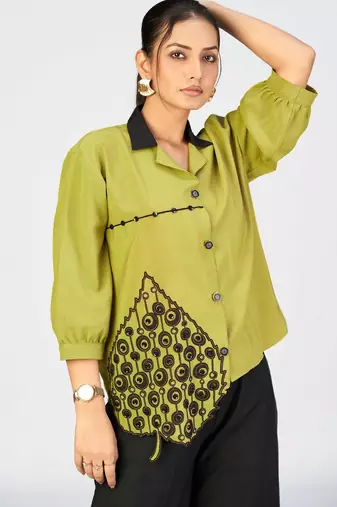 Women’s lime yellow cotton leaf embroidered casual button-down shirt