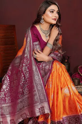 Orange satin silk blend woven zari graceful partywear saree
