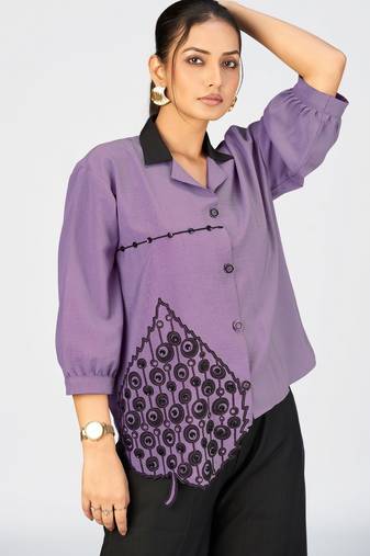 Women’s lavender cotton leaf embroidered casual button-down shirt