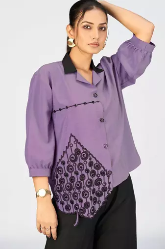 Women’s lavender cotton leaf embroidered casual button-down shirt