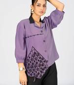 Women’s lavender cotton leaf embroidered casual button-down shirt