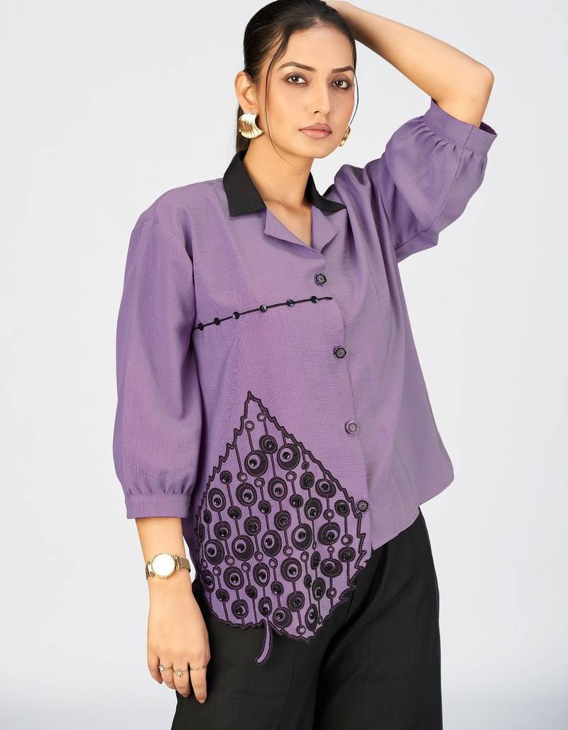 Women’s lavender cotton leaf embroidered casual button-down shirt