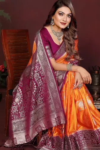 Orange satin silk blend woven zari graceful partywear saree