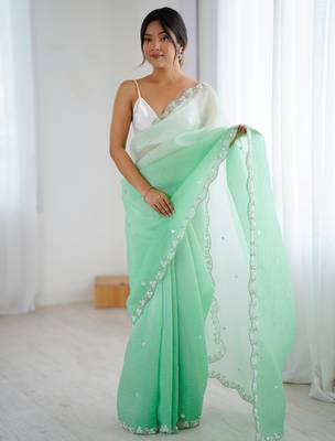 Sea green chiffon crush sophisticated work ceremonial saree 1