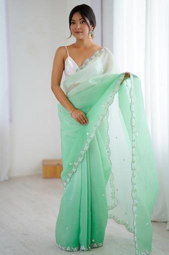 Sea green color chiffon crush fabric beautiful sophisticated work ceremonial saree