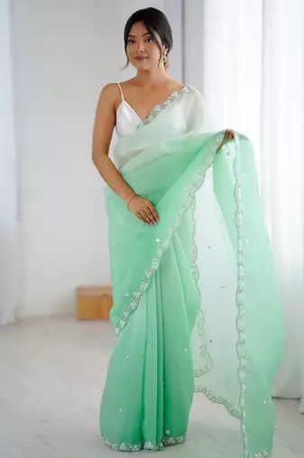 Sea green color chiffon crush fabric beautiful sophisticated work ceremonial saree