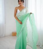 Sea green color chiffon crush fabric beautiful sophisticated work ceremonial saree