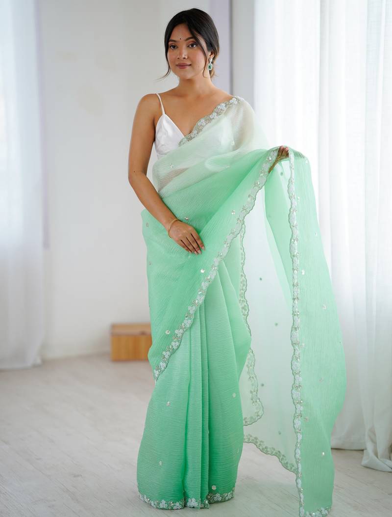 Sea green color chiffon crush fabric beautiful sophisticated work ceremonial saree
