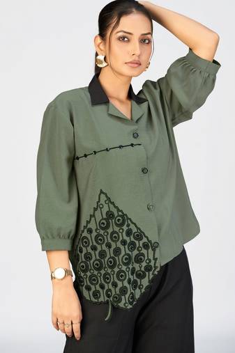 Women’s green cotton leaf embroidered casual button-down shirt