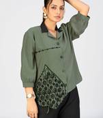 Women’s green cotton leaf embroidered casual button-down shirt