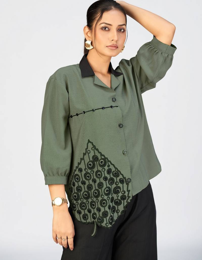 Women’s green cotton leaf embroidered casual button-down shirt