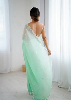 Sea green chiffon crush sophisticated work ceremonial saree 2