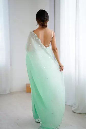 Sea green chiffon crush sophisticated work ceremonial saree