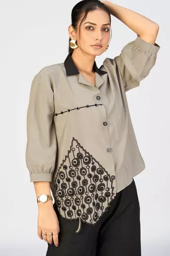Women’s khaki cotton leaf embroidered casual button-down shirt