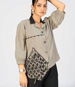 Women’s khaki cotton leaf embroidered casual button-down shirt