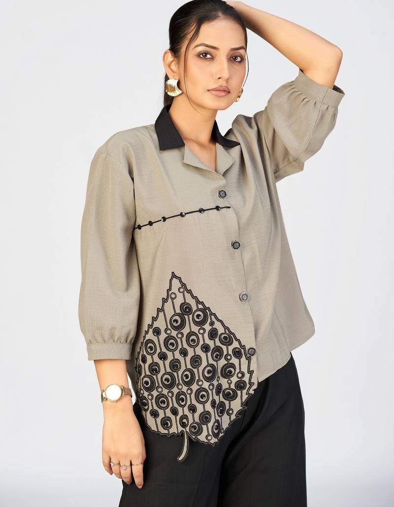 Women’s khaki cotton leaf embroidered casual button-down shirt