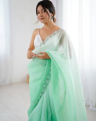 Sea green chiffon crush sophisticated work ceremonial saree 3