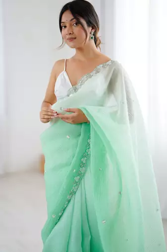 Sea green chiffon crush sophisticated work ceremonial saree