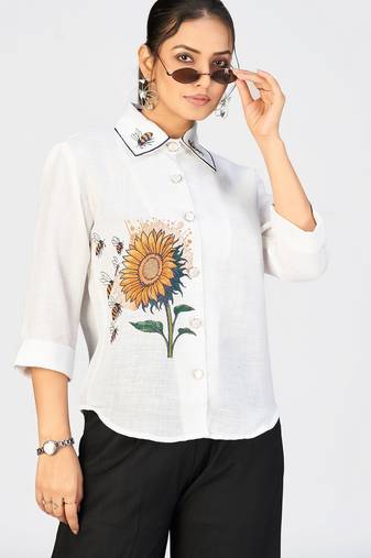 Women’s white sunflower embroidered cotton linen casual shirt