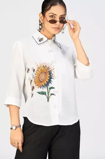 Women’s white sunflower embroidered cotton linen casual shirt