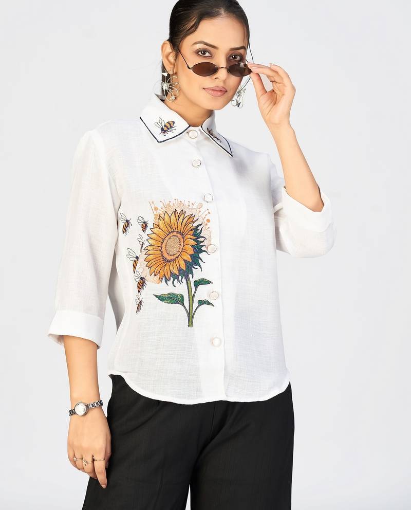 Women’s white sunflower embroidered cotton linen casual shirt