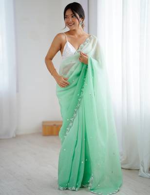 Sea green chiffon crush sophisticated work ceremonial saree 4
