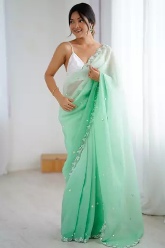 Sea green chiffon crush sophisticated work ceremonial saree