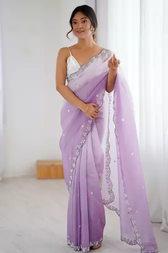Lavender color chiffon crush fabric beautiful sophisticated work ceremonial saree