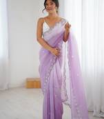 Lavender color chiffon crush fabric beautiful sophisticated work ceremonial saree