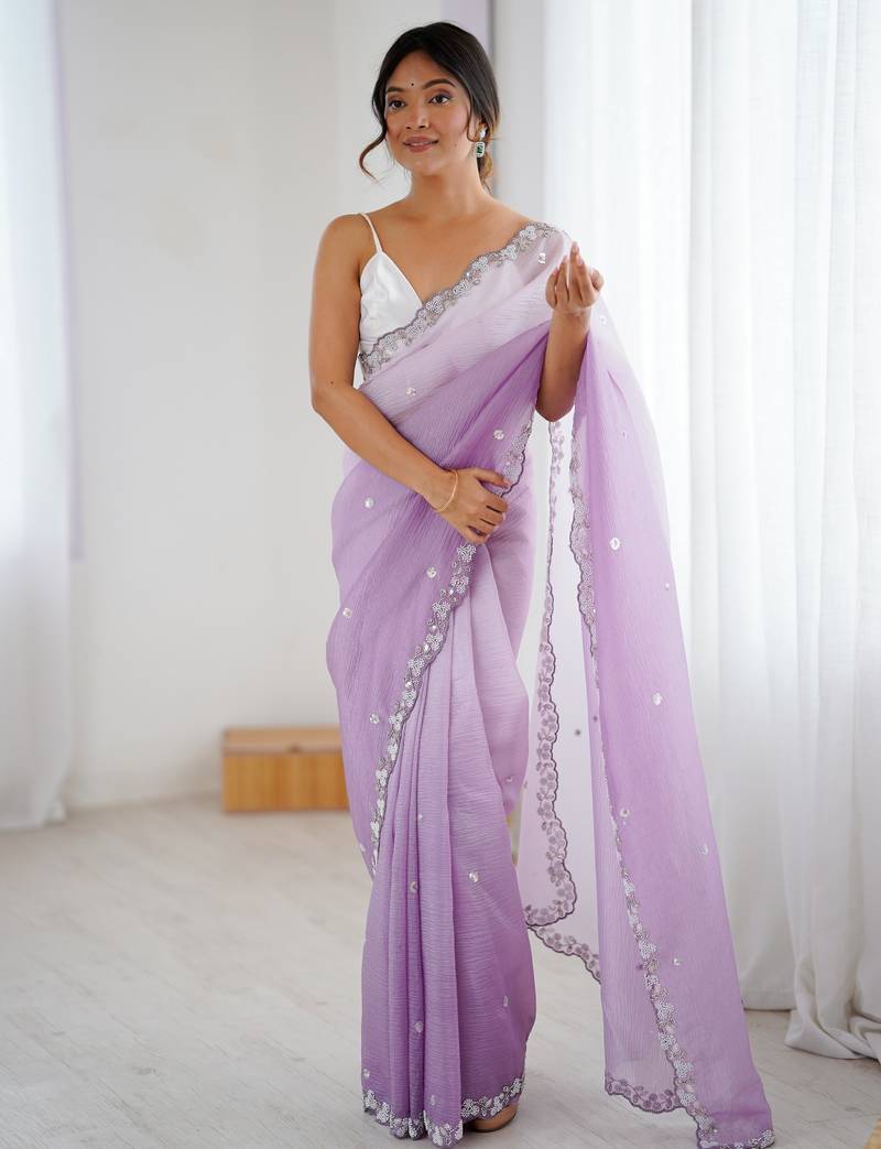 Lavender color chiffon crush fabric beautiful sophisticated work ceremonial saree