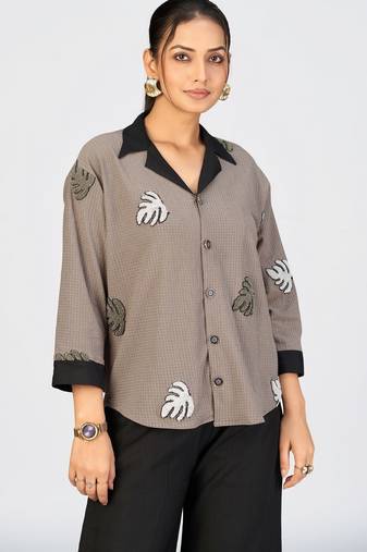 Women’s brown cotton leaf embroidered casual shirt with black collar
