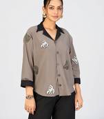 Women’s brown cotton leaf embroidered casual shirt with black collar